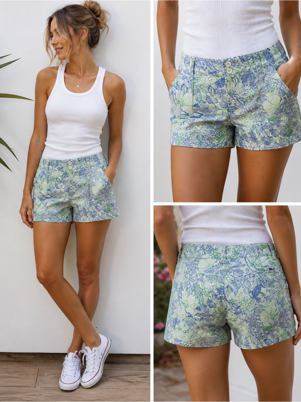 Vineyard Vines Floral Chino Shorts Women’s Size 4 Green Blue Preppy Summer